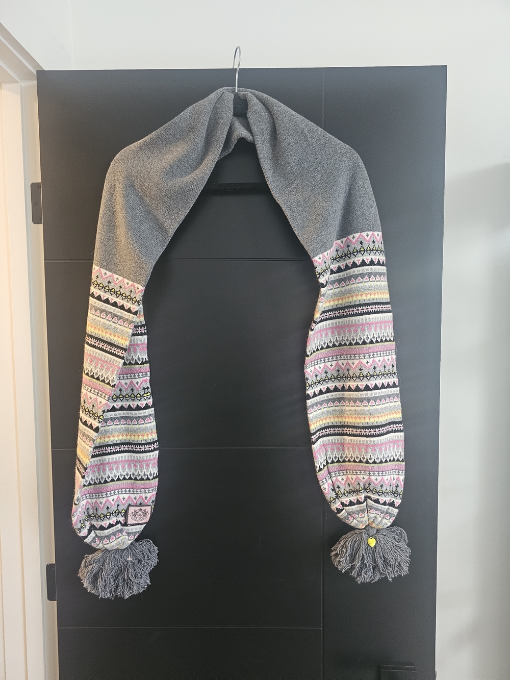 Juicy Couture Grey Scarf with Pink, Yellow and Black Fair Isle Pattern
